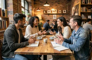 Groupe de personnes de différentes origines discutant autour d'une table de café, illustrant un débat respectueux sur l'humour et la satire