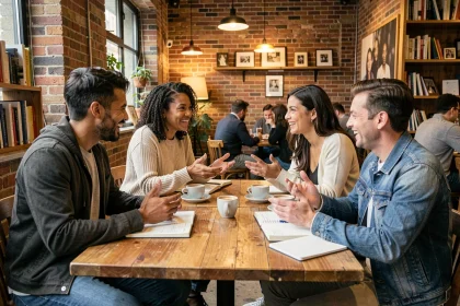 Groupe de personnes de différentes origines discutant autour d'une table de café, illustrant un débat respectueux sur l'humour et la satire