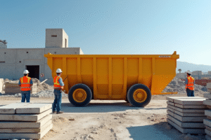 Benne de 12 m3 sur un chantier propre avec ouvriers
