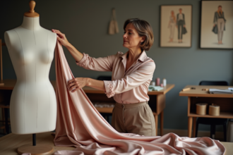 Créatrice de mode dans son atelier drapant un tissu de soie