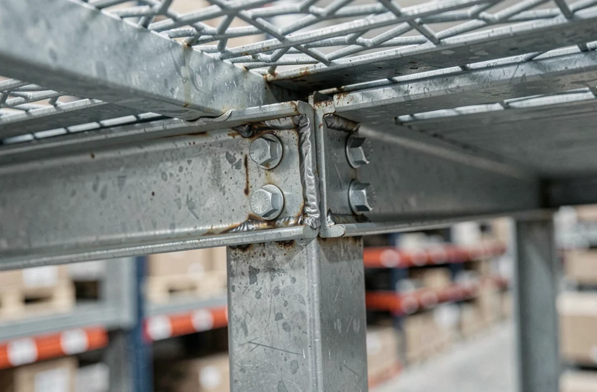 Détail du raccordement d'un profilé en U en acier sur un poteau de mezzanine avec boulons et platine soudée