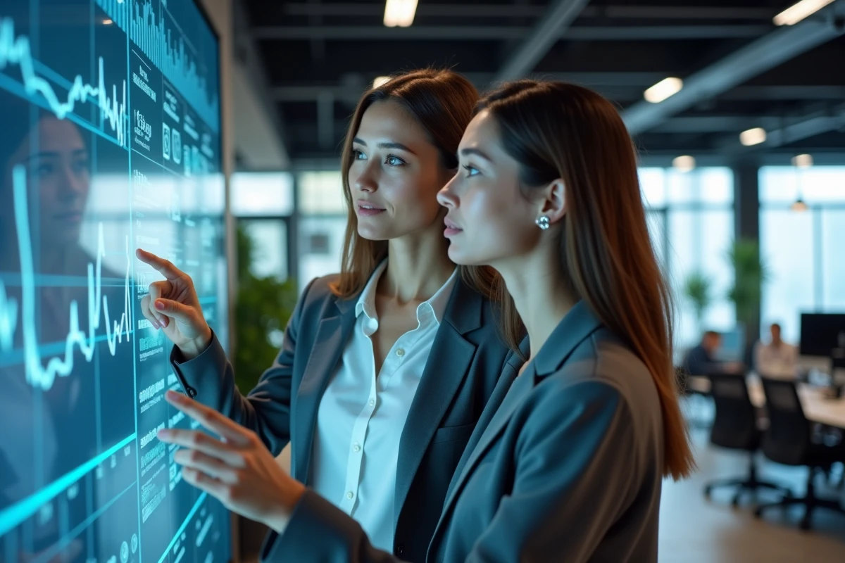 Deux femmes en business casual interagissant avec un affichage digital