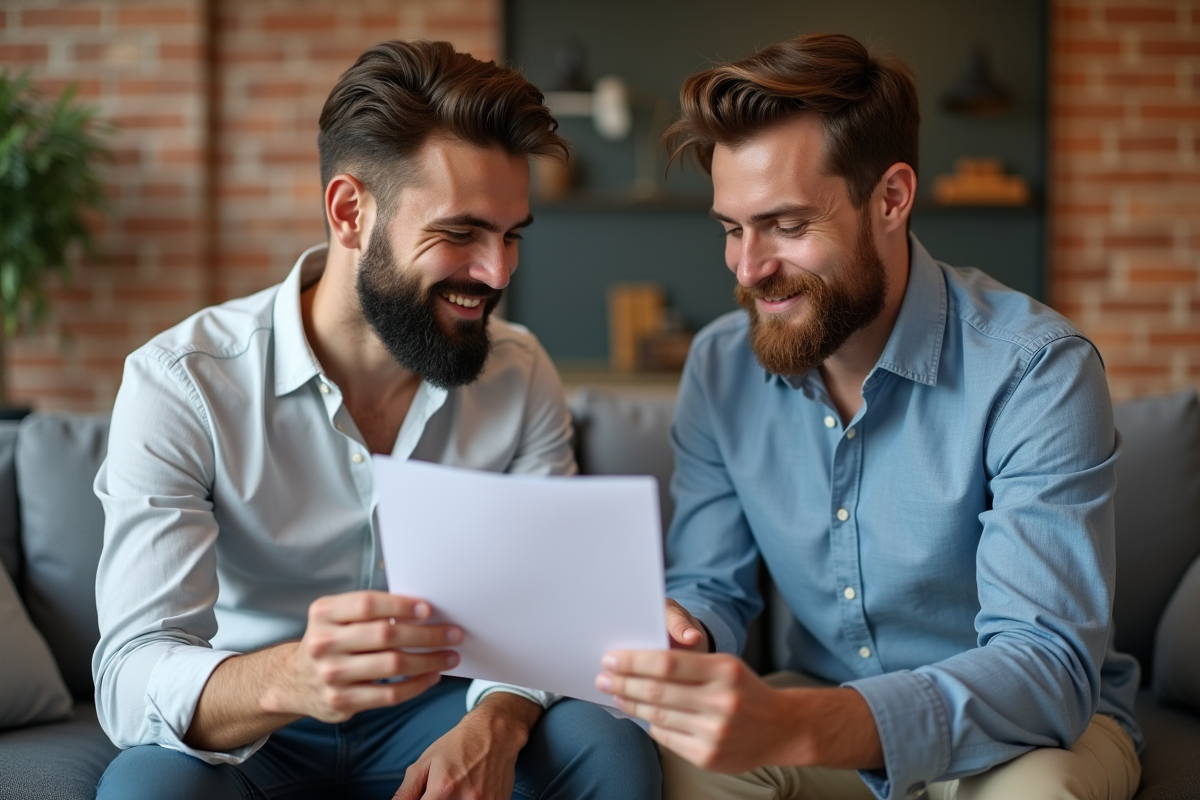 Deux jeunes hommes examinant un contrat de location