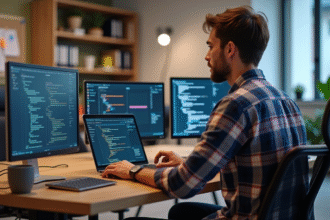 Jeune developpeur logiciel comparant deux ecrans en bureau moderne