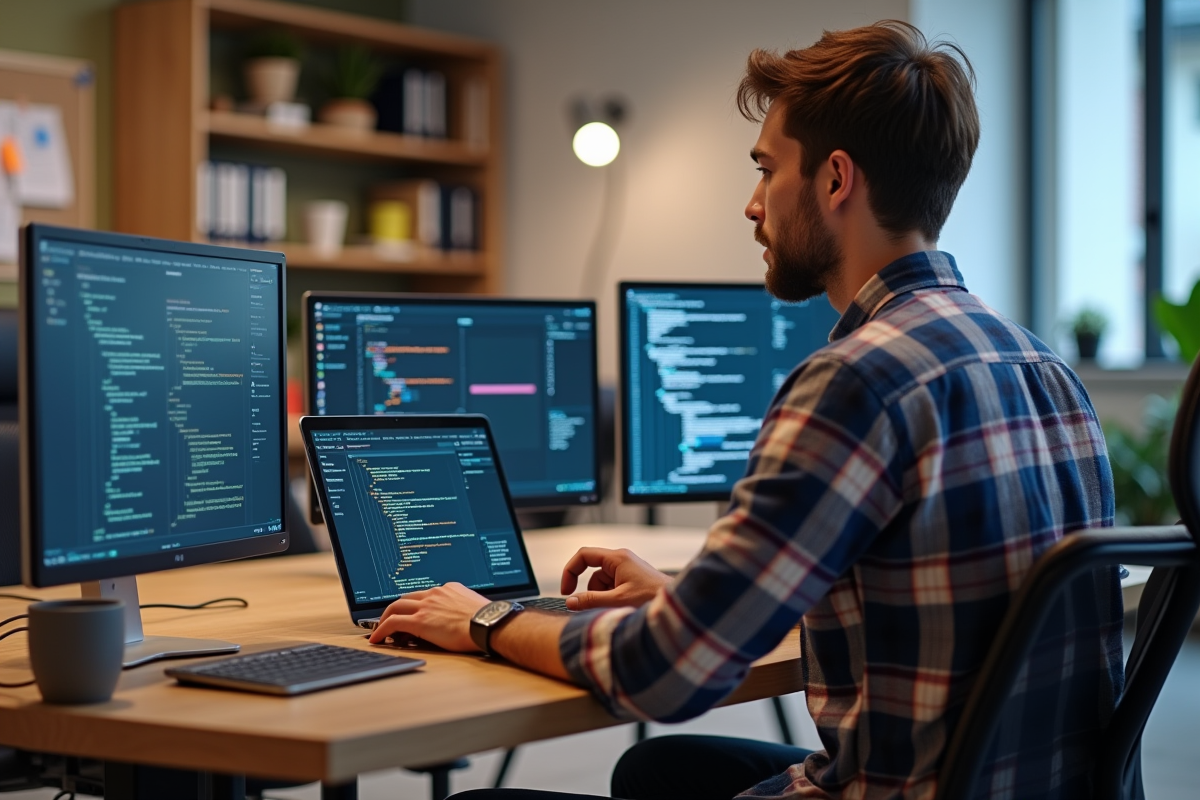 Jeune developpeur logiciel comparant deux ecrans en bureau moderne