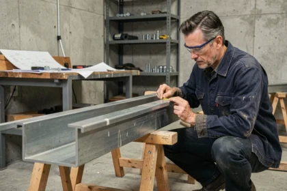 Ingénieur mesurant un profilé en U en acier dans un atelier industriel pour dimensionner un support de mezzanine