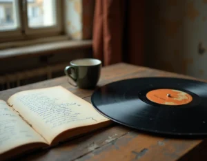 Disque vinyle de chanson française posé sur une table en bois avec un carnet de paroles manuscrites, ambiance nostalgique et intime