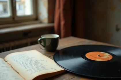 Disque vinyle de chanson française posé sur une table en bois avec un carnet de paroles manuscrites, ambiance nostalgique et intime