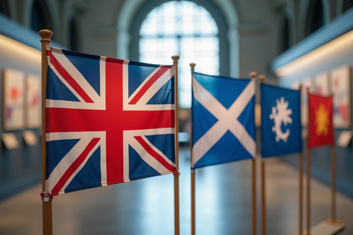 Drapeaux des nations du Royaume-Uni exposés dans un musée : Angleterre, Écosse, Pays de Galles et Union Jack