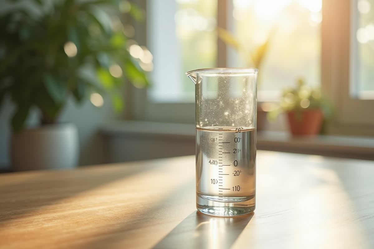 Gobelet avec eau à 10 cl sur table en bois avec lumière douce