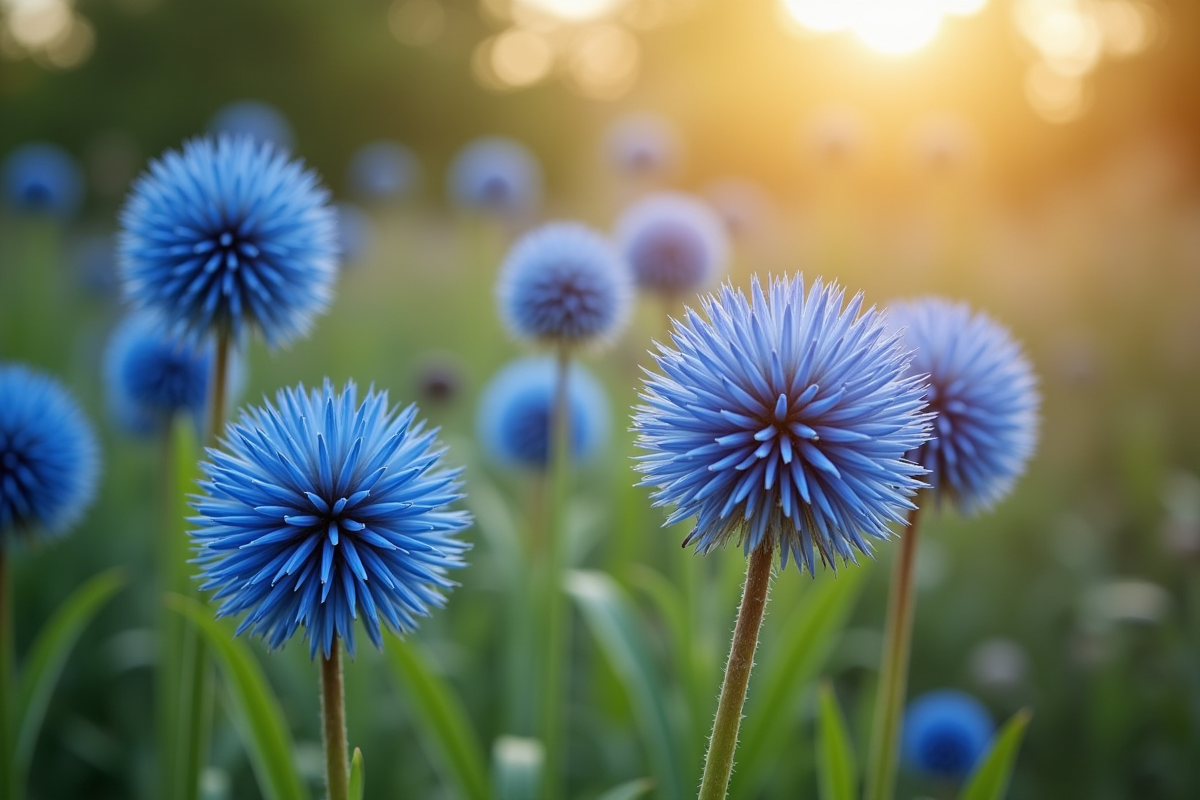 Fleurs d'echinops éclatantes en pleine floraison dans un jardin