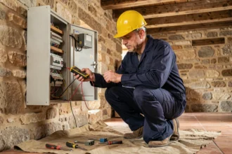 Électricien professionnel inspectant un tableau électrique dans une maison en pierre typique du Lot