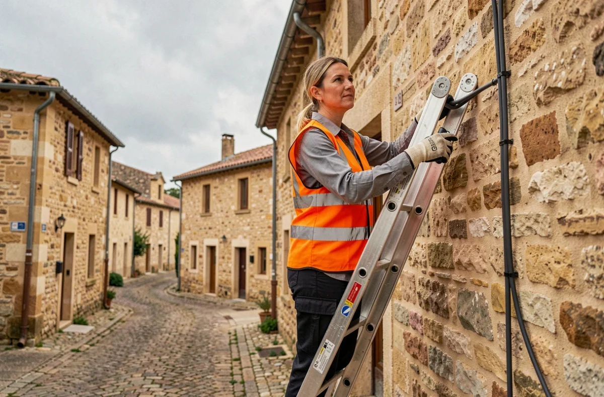Électricienne travaillant sur la façade d'une maison en pierre dans un village du Lot