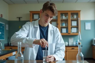 Élève de lycée en blouse blanche versant un liquide dans un bécher en laboratoire de chimie