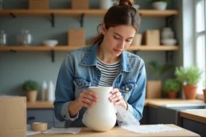 Femme emballant une vase en céramique dans la cuisine