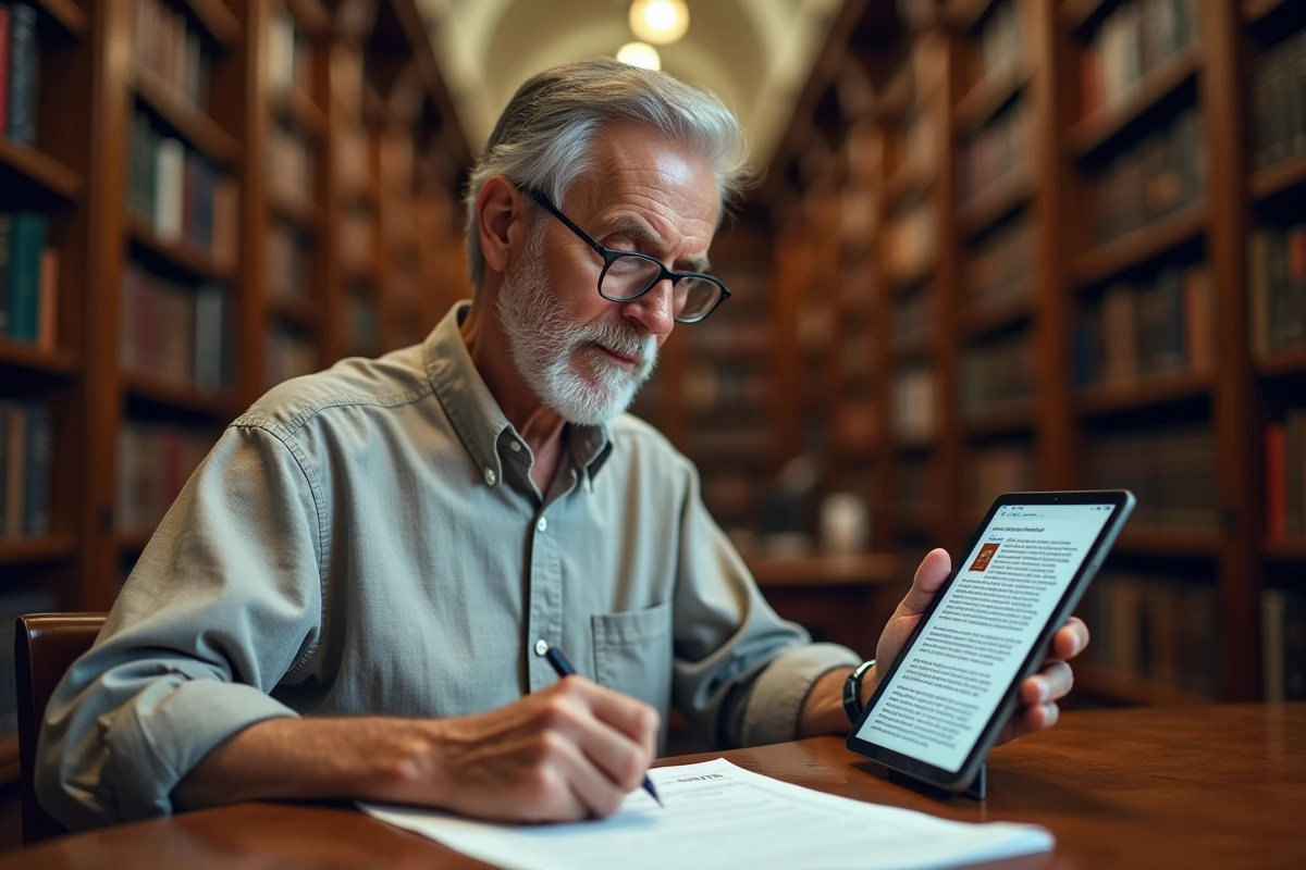 Homme âgé consultant une encyclopédie collaborative en ligne sur une tablette dans une bibliothèque classique tout en comparant avec des notes manuscrites