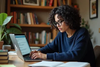 Femme travaillant sur une encyclopédie collaborative en ligne depuis son bureau à domicile entouré de livres de référence