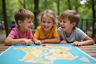 Trois enfants autour d'une carte de France en plein air