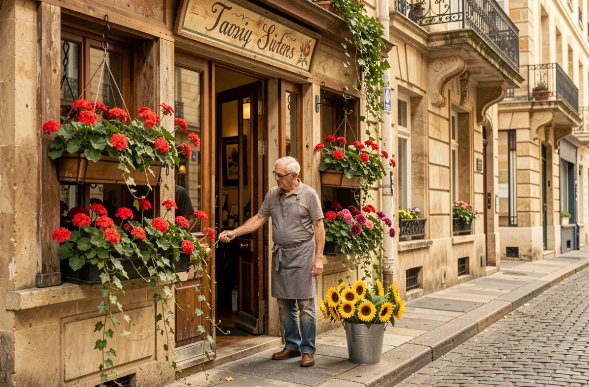 La boutique traditionnelle de E.P Delaveau avec un fleuriste arrangeant des tournesols et des dahlias sur le trottoir devant une façade française classique
