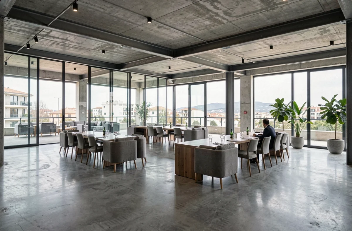 Espace Tiragon, salle multifonctionnelle moderne avec béton ciré et structures métalliques pour événements professionnels