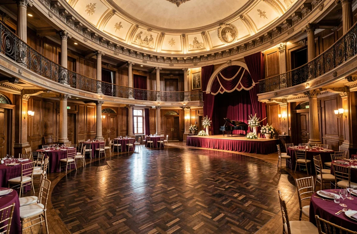 Grande salle ovale de l'Espace Wagram à Paris avec galerie en mezzanine, balustrades en fer forgé, parquet en bois foncé et scène décorée pour une réception de prestige