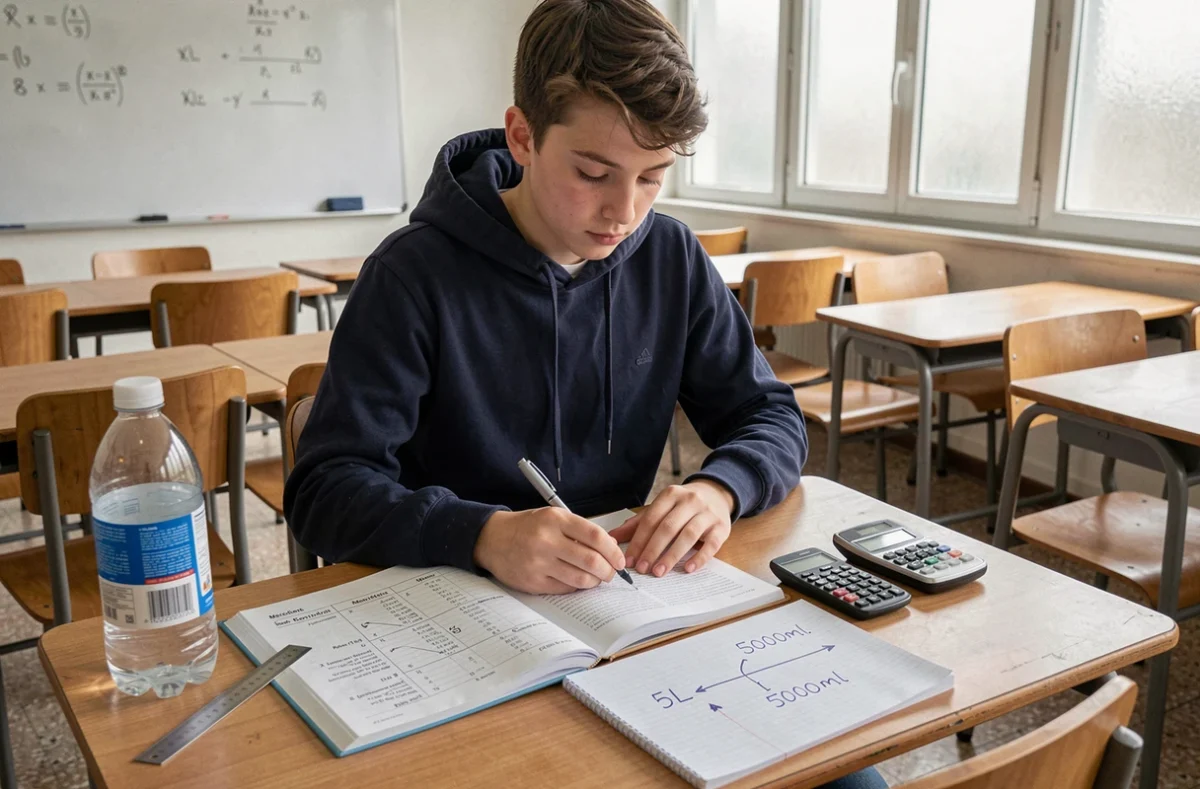 Étudiant calculant la conversion de 5 litres en millilitres sur du papier graphique en salle de classe