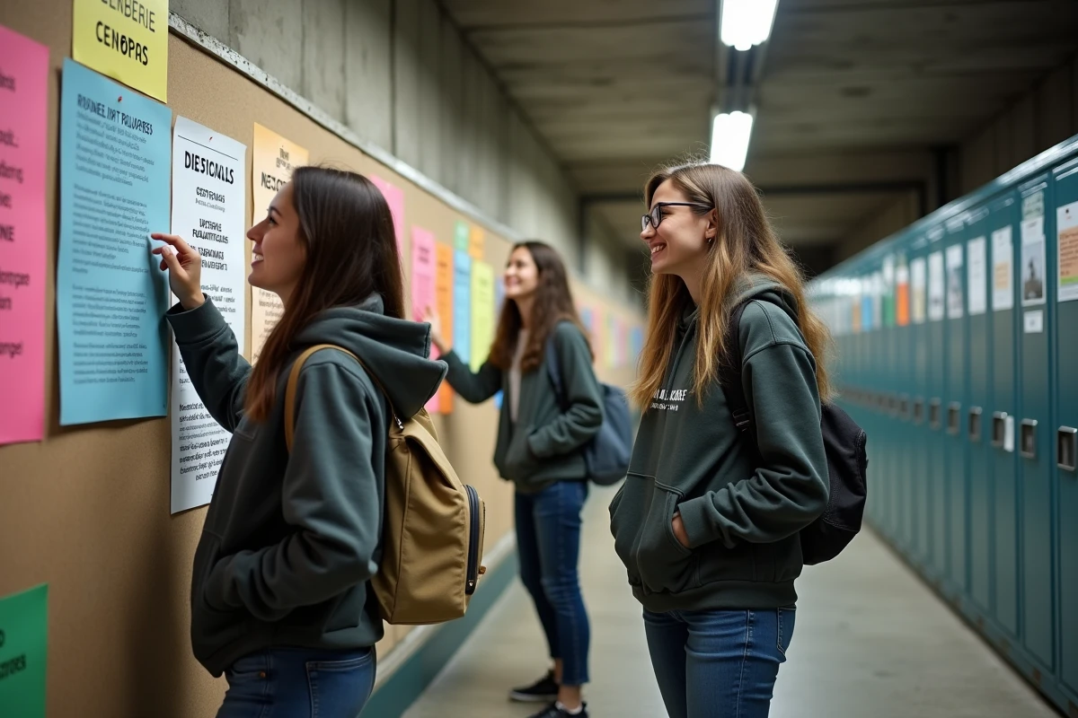 Étudiants universitaires français devant un panneau d'affichage couvert de tracts politiques humoristiques dans un couloir de campus
