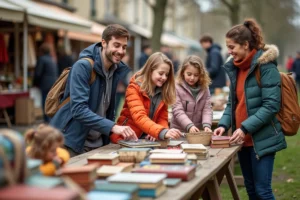 Famille souriante découvrant des jouets anciens en plein air