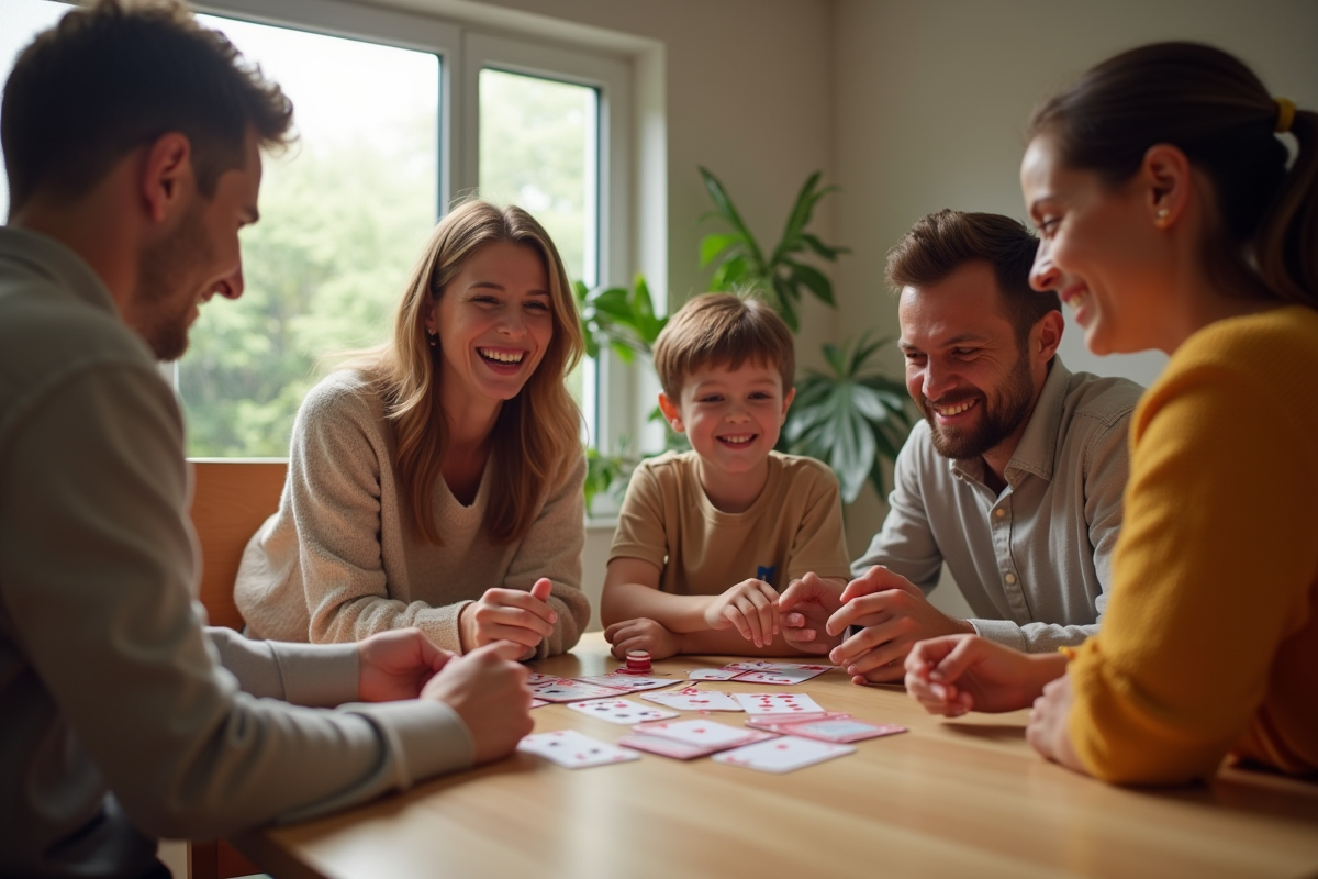 Famille souriante jouant à SkipBo autour d'une table en famille