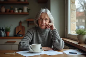 Femme de 62 ans assise pensivement à la cuisine