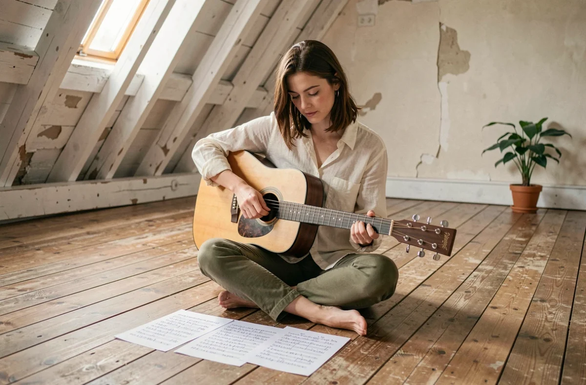 Jeune femme révisant les accords guitare de Cabrel avec des partitions manuscrites dans un atelier rustique