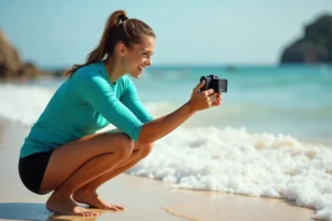 Femme tenant un appareil photo compact étanche au bord de la mer sur une plage de sable doré
