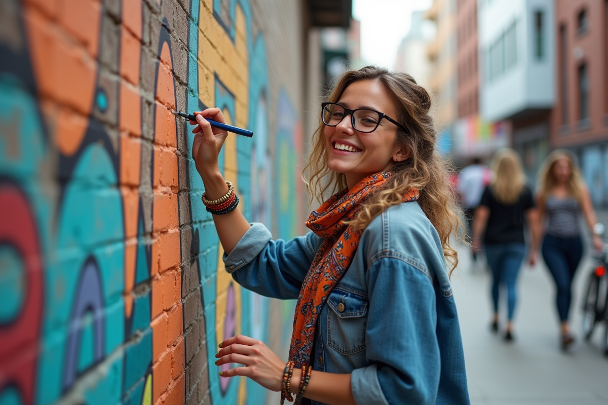 Femme souriante ajoutant son illustration sur un mur de street art