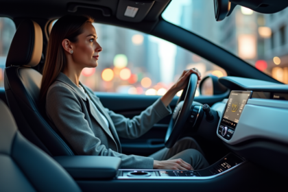 Femme détendue au volant d'une voiture autonome moderne