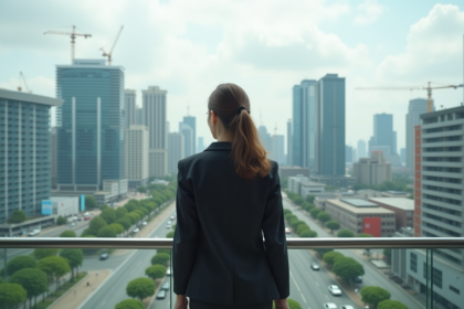 Femme d'affaires regardant la ville depuis un balcon urbain