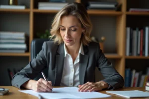 Femme d'âge moyen en tenue professionnelle concentrée à son bureau