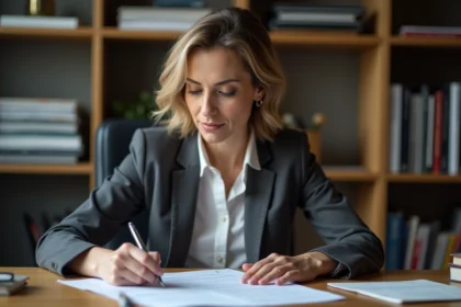 Femme d'âge moyen en tenue professionnelle concentrée à son bureau