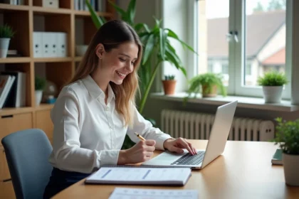 Jeune femme au bureau convertissant des unités de volume