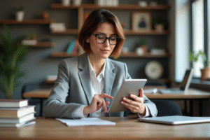 Femme d'âge moyen avec tablette dans un bureau moderne