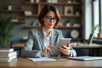 Femme d'âge moyen avec tablette dans un bureau moderne