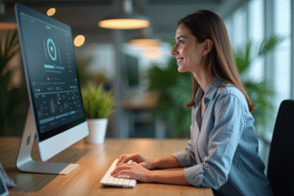 Jeune femme au bureau utilisant un ordinateur moderne