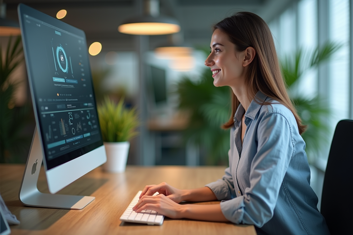 Jeune femme au bureau utilisant un ordinateur moderne