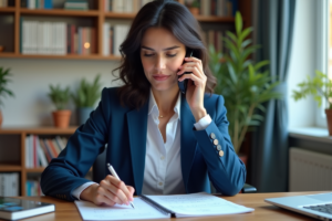 Femme d'affaires au bureau en train de composer un numéro italien
