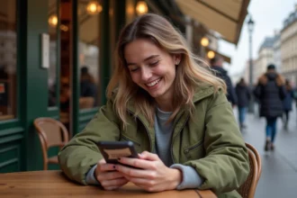 Jeune femme parisienne riant devant son smartphone dans un café, avec un sticker militant visible sur son téléphone