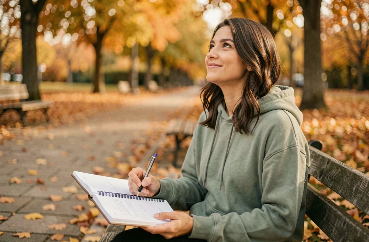 Jeune femme cherchant un synonyme de mantra dans un carnet en plein air dans un parc aux couleurs d'automne