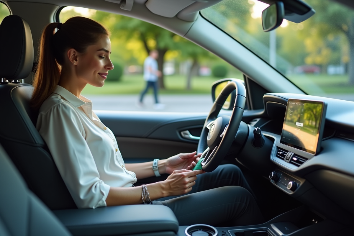 Femme utilisant une tablette dans l’intérieur d’une ecomobile