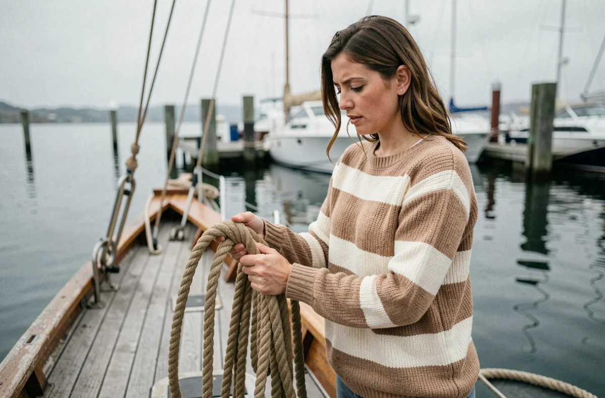 Femme tenant un cordage sur un voilier en bois dans un port, illustrant les différents types de cordages marins souvent présents dans les définitions de mots croisés