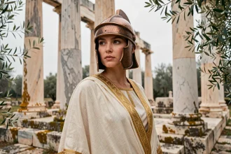 Femme en costume grec antique portant un casque de bronze devant des colonnes de temple en marbre, évoquant la déesse Athéna
