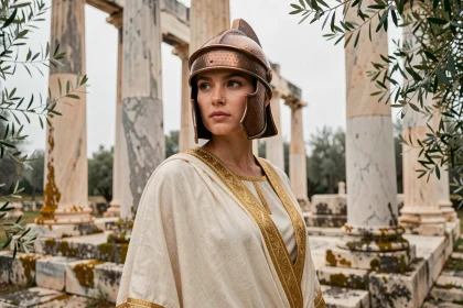 Femme en costume grec antique portant un casque de bronze devant des colonnes de temple en marbre, évoquant la déesse Athéna