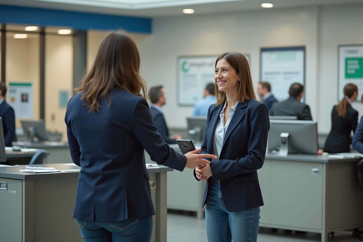 Femme parlant avec un agent au guichet d